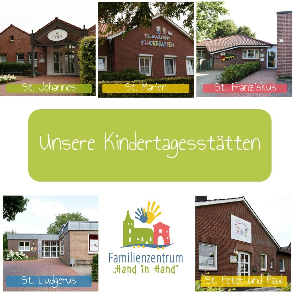 Eine Collage aus fünf Fotos, die verschiedene Kindergartengebäude zeigen, beschriftet mit St. Johannes, St. Marien, St. Franziskus, St. Ludgerus und St. Peter und Paul mit dem Titel Unsere Kindertagesstätten.
